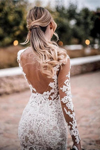 Mermaid Lace Appliques Long Sleeve See-Though Tulle Wedding Dresses Beach Wedding SRSPBSR61G8