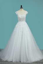 Load image into Gallery viewer, 2024 Scoop Open Back Wedding Dresses Tulle With Applique A Line Chapel Train
