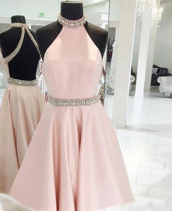 Pink Backless Beaded Prom Dress Halter Prom Dress Custom Made Evening Dress 17014
