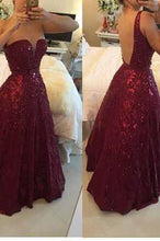 Load image into Gallery viewer, Sexy V-neck Burgundy Backless Floor-Length Lace Prom Dress with Beading RS935