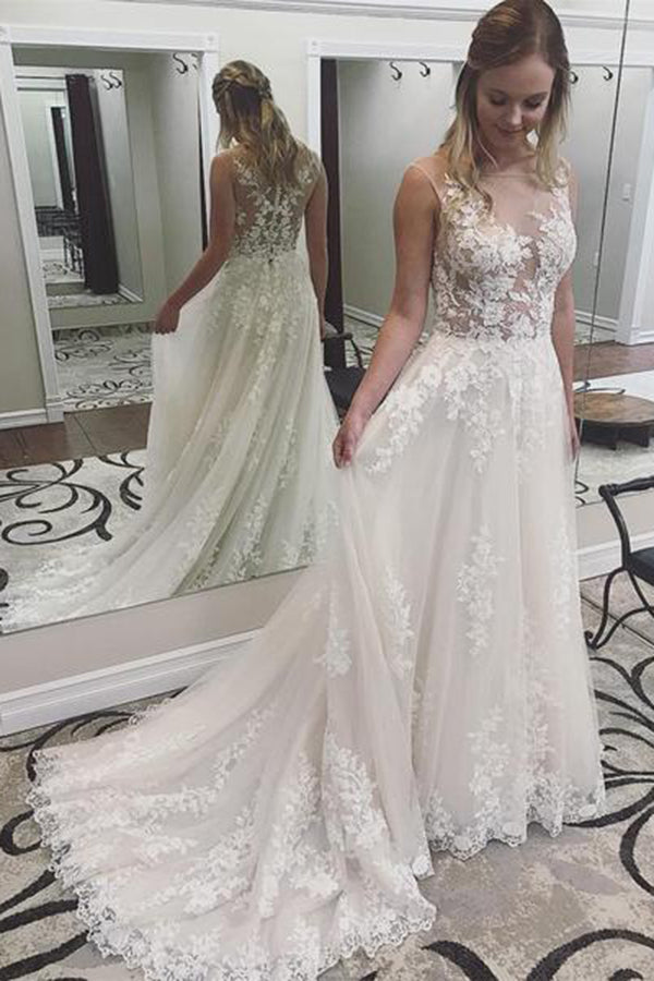 Elegant See Through Sleeveless Tulle Lace Appliques With Train Wedding Dresses