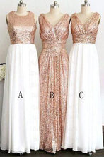 Load image into Gallery viewer, Gold Sequin Off-the-Shoulder Short A-Line White Cheap Modest Bridesmaid Dresses RS49