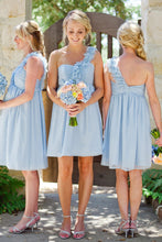 Load image into Gallery viewer, One Shoulder Light Sky Blue Short A-Line Knee Length Bridesmaid Dresses Pregnant Dresses