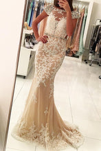 Load image into Gallery viewer, 2024 Bateau Cap Sleeves Prom Dresses Mermaid Tulle With Appliques And Beads