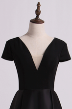 Load image into Gallery viewer, 2023 Open Back V-Neck Short Sleeve A-Line Satin Evening Dress Black Bodice Floor-Length