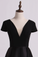 2023 Open Back V-Neck Short Sleeve A-Line Satin Evening Dress Black Bodice Floor-Length