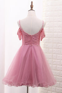2024 A Line Tulle & Lace Spaghetti Straps Homecoming Dresses With Beads