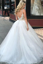 Load image into Gallery viewer, Sheath Spaghetti Straps White Detachable Train Prom Dress with Appliques, Quinceanera Dresses SRS15373