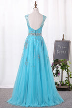 Load image into Gallery viewer, 2023 V-Neck A-Line Prom Dresses Tulle With Beadings Open Back Zipper Up