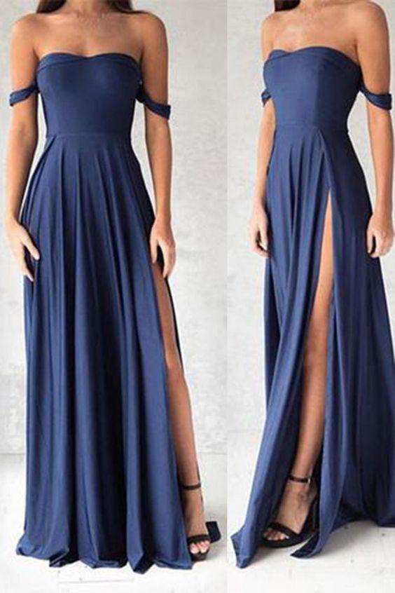 2019 Charming Sexy Off Shoulder Chiffon A-Line Scoop Side Slit Prom Dresses RS780