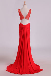 2024 Prom Dresses Scoop Beaded Bodice Sheath Two Pieces Spandex Sweep Train