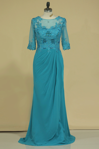2024 Scoop With Applique & Beads Mother Of The Bride Dresses Chiffon Mid-Length Sleeves