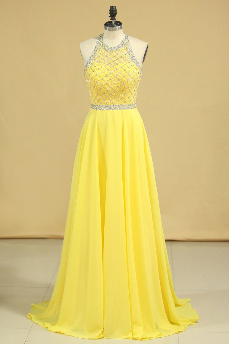 2024 A Line Prom Dresses Halter Beaded Bodice Open Back Sweep Train Chiffon & Tulle Daffodil