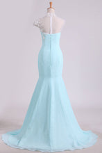 Load image into Gallery viewer, 2024 Mermaid Prom Dresses High Neck Chiffon With Applique And Beads Sweep Train