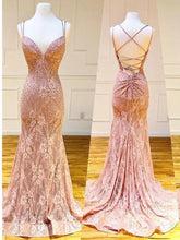 Load image into Gallery viewer, Mermaid Spaghetti Straps Pink Lace V Neck Beads Prom Dresses with SRS20426