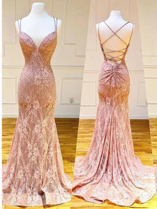 Mermaid Spaghetti Straps Pink Lace V Neck Beads Prom Dresses with SRS20426
