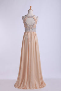 2024 Prom Dresses Scoop A Line Floor-Length Open Back Chiffon With Beading