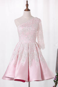 2024 One Sleeve Bicolor Homecoming Dresses Satin A Line With Applique
