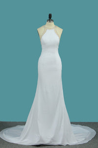 2023 Chiffon Scoop Open Back Mermaid Wedding Dresses With Beading