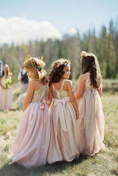 A line Blush Pink Flower Girl Dresses with Sash Gold Top Dresses for Kids SRS15545