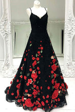 Load image into Gallery viewer, Charming Spaghetti Straps Long Black And Red Princess Prom Dresses