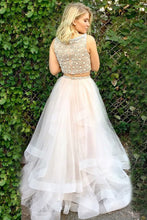 Load image into Gallery viewer, 2 Pieces Scoop Neckline Flowy Long Beading Tulle Prom Dresses