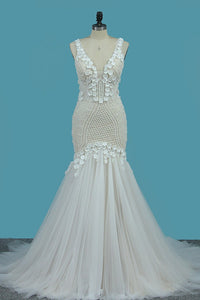 2024 Mermaid Wedding Dresses Straps Tulle With Applique And Beads