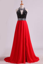 Load image into Gallery viewer, 2024 Bicolor Halter A Lline Prom Dresses Sequined Bodice Sweep Train Chiffon