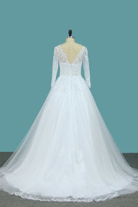 2024 A Line Tulle Bateau 3/4 Length Sleeve Wedding Dresses With Applique Sweep Train