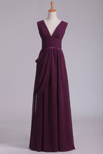 Load image into Gallery viewer, 2024 Floor Length V Neck A Line Chiffon With Slit Prom Dresses