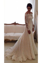 Load image into Gallery viewer, 2024 Boat Neck Mermaid Tulle With Applique Wedding Dresses Court Train