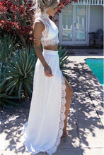 Load image into Gallery viewer, 2 Pieces High Neck Long White Lace Chiffon Elegant Prom Dresses