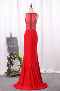 2024 Mermaid V Neck Spandex Prom Dresses With Beads And Slit Sweep Train
