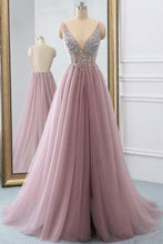 Load image into Gallery viewer, 2023 Tulle Beading A-Line V-Neck  Prom Dresses WIth Sweep Train