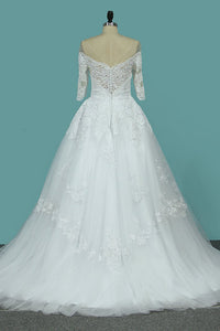 2024 Wedding Dresses A Line Mid-Length Sleeves Tulle With Applique