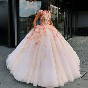 Princess Ball Gown Pink Tulle Prom Dresses with Handmade Flowers, Quinceanera SRS15658