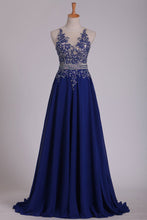 Load image into Gallery viewer, 2024 Scoop Prom Dresses A Line With Applique &amp; Beads Sweep Train Chiffon