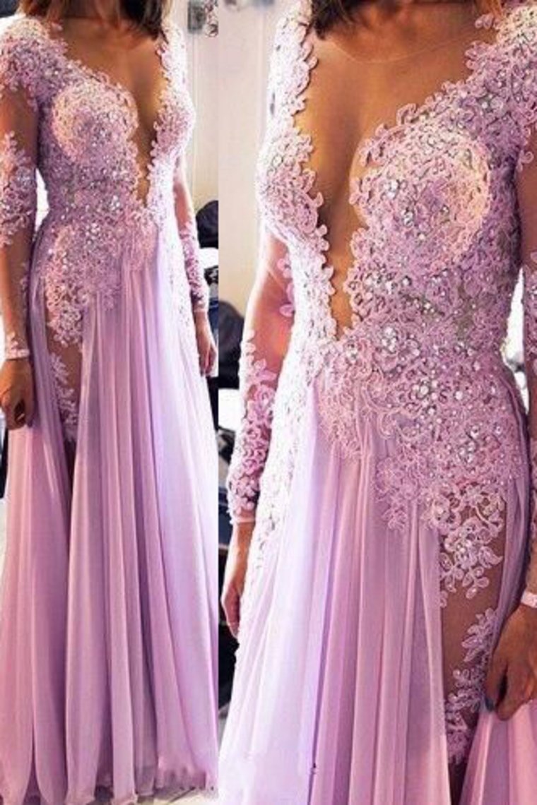 Long Sleeves Scoop Prom Dresses A Line Chiffon With Applique And Beads