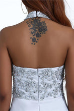 Load image into Gallery viewer, Charming Mermaid Halter Silver Sequins Prom Dresses with Appliques, Party SRS20401