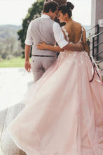 Load image into Gallery viewer, Sheer Round Neck Pink Wedding Dresses Backless Bridal Gown With Lace SRS20469