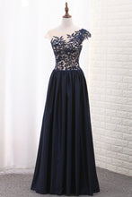 Load image into Gallery viewer, 2024 Scoop Cap Sleeve A Line Satin With Applique Floor Length Prom Dresses