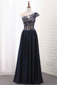 2024 Scoop Cap Sleeve A Line Satin With Applique Floor Length Prom Dresses
