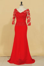 Load image into Gallery viewer, 2024 Red V Neck 3/4 Length Sleeve Mother Of The Bride Dresses Chiffon With Applique