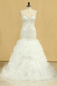 2024 Hot Plus Size Sweetheart Wedding Dresses Mermaid Organza With Beads And Rhinestones