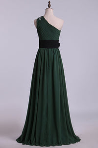 2024 One Shoulder A Line Prom Dress With Ruffles And Beads Floor Length Chiffon
