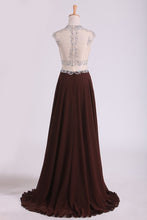 Load image into Gallery viewer, 2023 Scoop Prom Dresses A Line Beaded Bodice Chiffon &amp; Tulle With Slit Color Chocolate