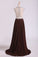 2023 Scoop Prom Dresses A Line Beaded Bodice Chiffon & Tulle With Slit Color Chocolate