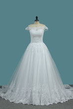 Load image into Gallery viewer, 2024 A Line Tulle Off The Shoulder Wedding Dresses With Applique Sweep Train