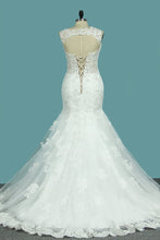 Load image into Gallery viewer, 2024 Mermaid/Trumpet V Neck Wedding Dresses Court Train Tulle With Applique Lace Up Back