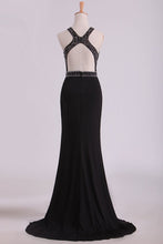 Load image into Gallery viewer, 2024 Black Open Back Prom Dresses Scoop Spandex With Beading &amp; Slit Sweep Train